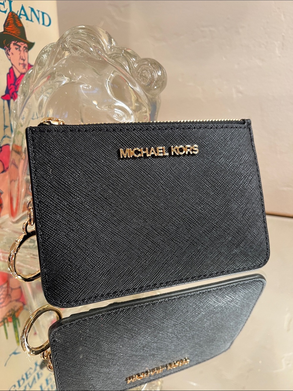 Michael Kors Black Saffiano Leather Zip Card Holder with Gold Logo